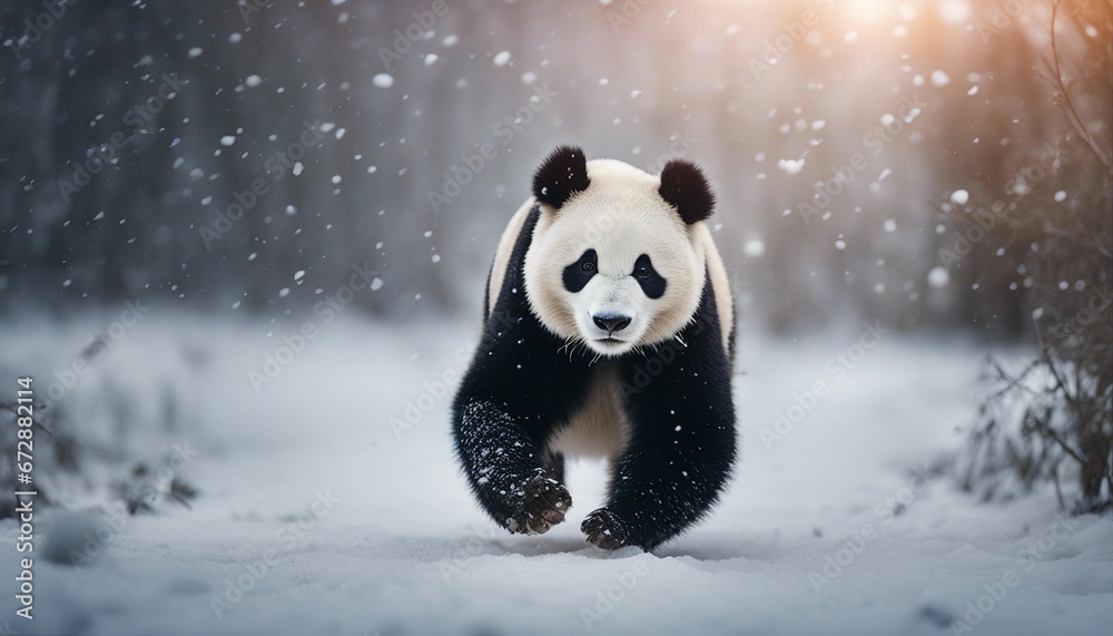 portrait of a cute panda bear running in heavy snow
portrait of a cute panda bear running in heavy snow