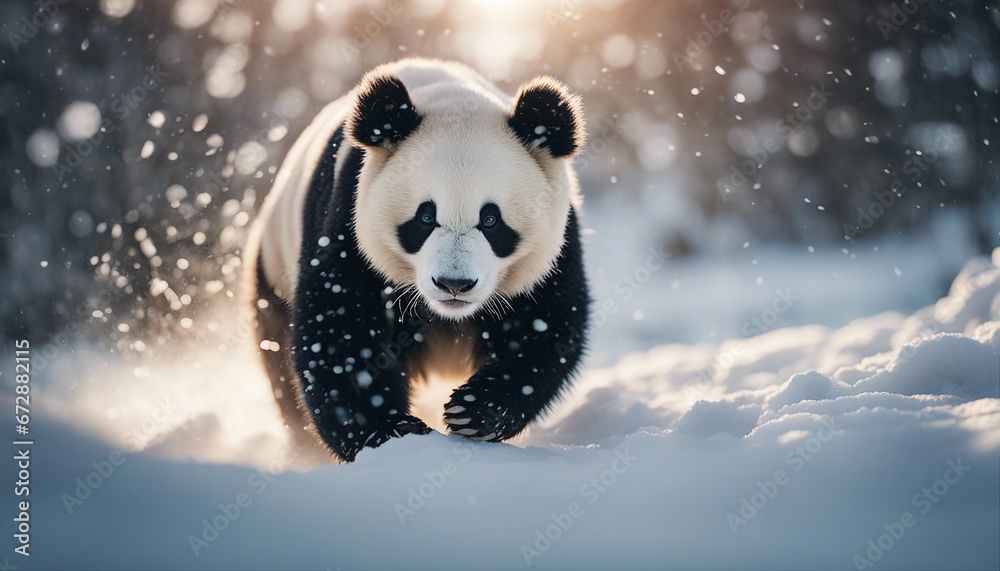 portrait of a cute panda bear running in heavy snow
portrait of a cute panda bear running in heavy snow