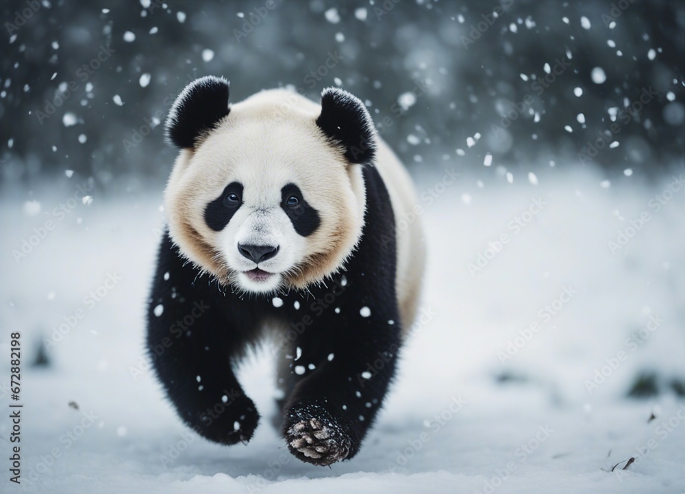 portrait of a cute panda bear running in heavy snow
portrait of a cute panda bear running in heavy snow