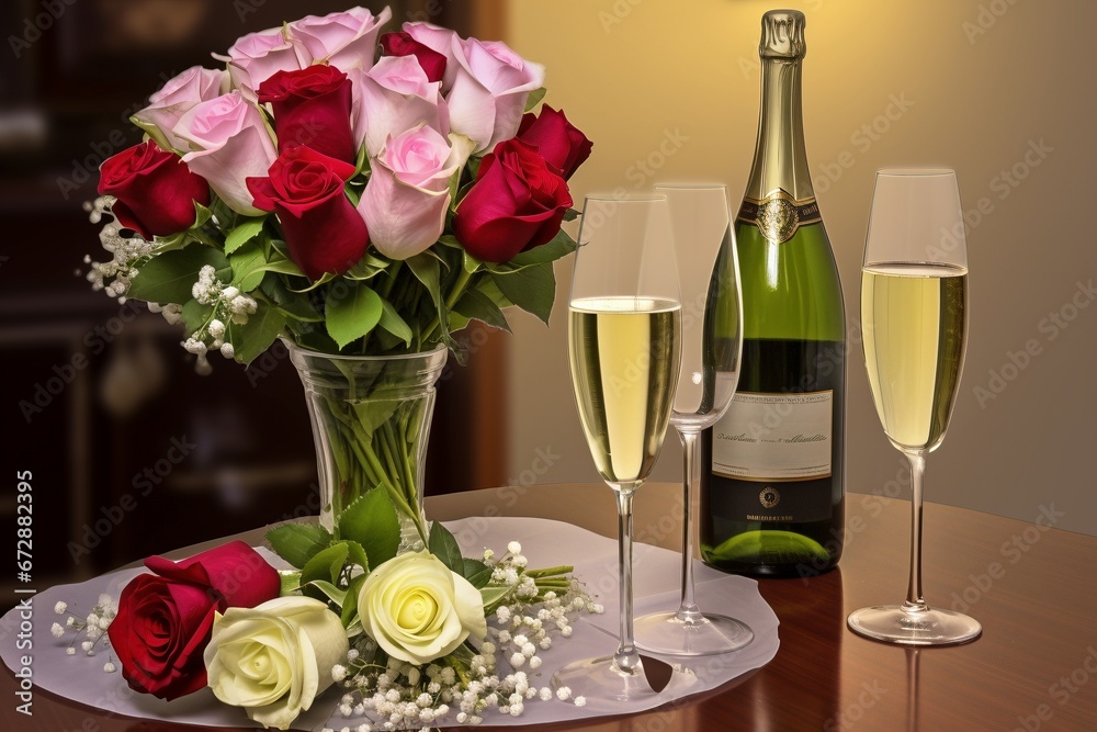A Blissful Toast to Joy: A Table Adorned with Champagne and Flowers Sets the Stage for a Happy and Festive Occasion, Where Glasses Cling and Hearts Rejoice A Blissful Toast to Joy: A Table Adorned with Champagne and Flowers Sets the Stage for a Happy and Festive Occasion, Where Glasses Cling and Hearts Rejoice