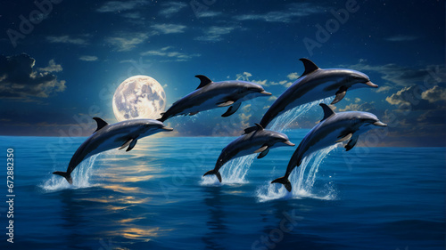 Five dolphins jump out of the water with the full moon in the background.