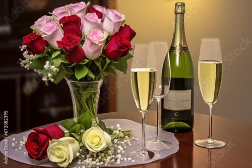 A Blissful Toast to Joy: A Table Adorned with Champagne and Flowers Sets the Stage for a Happy and Festive Occasion, Where Glasses Cling and Hearts Rejoice