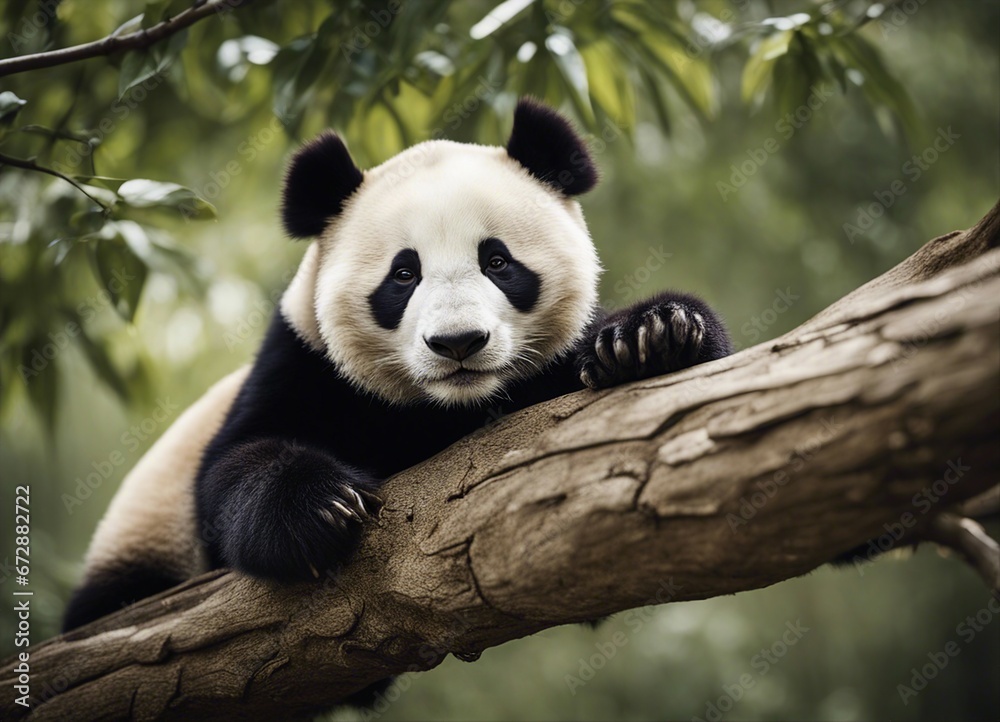 Fototapeta premium portrait of a lazy panda sleeping on a tree branch 