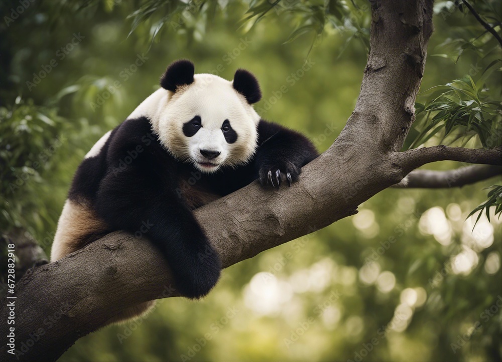 Fototapeta premium portrait of a lazy panda sleeping on a tree branch 