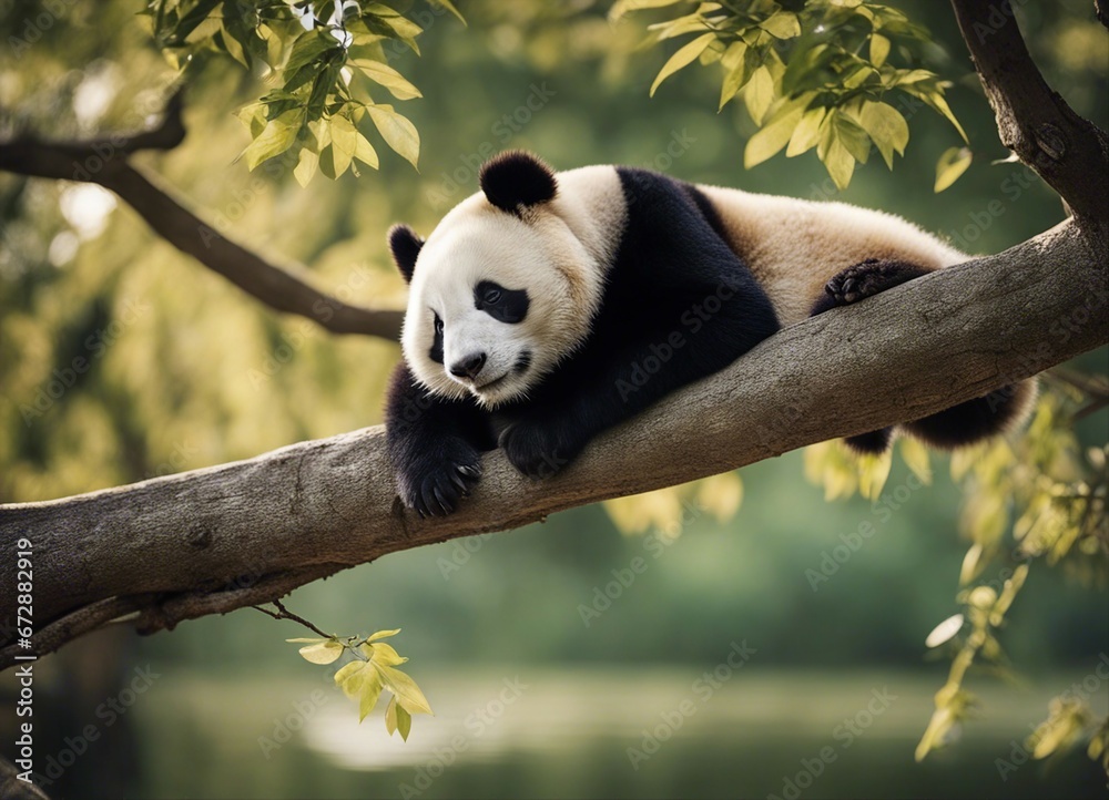 Obraz premium portrait of a lazy panda sleeping on a tree branch 