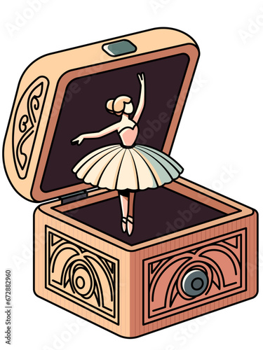 Ballerina dancer figure in a music box stock vector image, Classic wooden music box with intricate carvings, a winding key on the side, and a dancing ballerina figure on top stock vector image