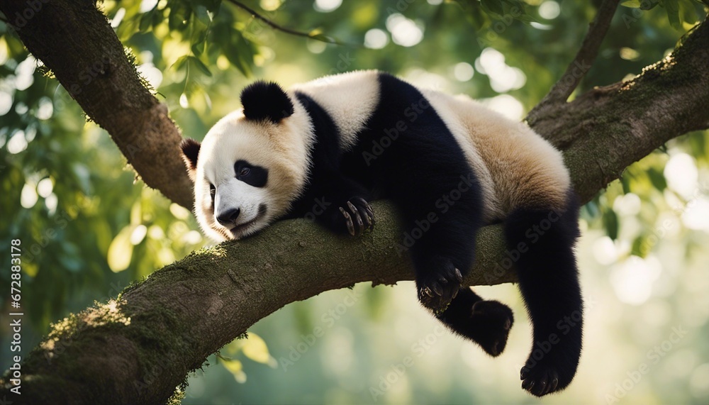 Obraz premium portrait of a lazy panda sleeping on a tree branch 