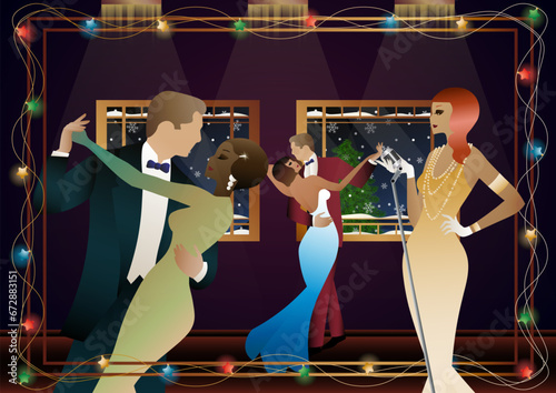 Woman in a vintage dress with a retro microphone at the window. The singer s performance at the New Year s holiday. People are dancing. Concept for holiday, winter holidays, New Year, Christmas