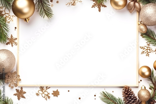 CHRISTMAS FRAME WITH GOLDEN BALLS AND PINE BRANCHES.