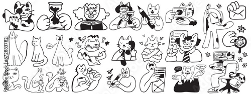 set of cat characters in vector. business icon in doodle style. linear illustration infographics. Template for logo sticker poster icon app website. Business icon series