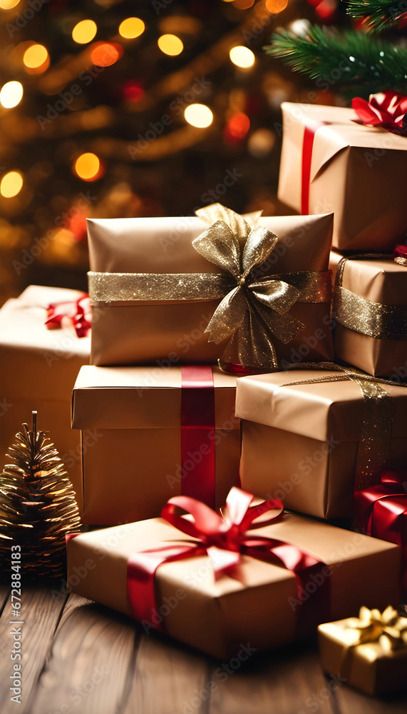 Christmas boxes wrapped in golden ribbons on a wooden table close-up, Christmas lights in the background. Christmas boxes wrapped in golden ribbons on a wooden table close-up, Christmas lights in the background.