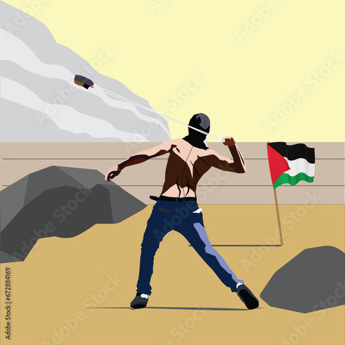 A vector of protestor throwing slingshots and Palestinian flag at border. Palestine and Israel crisis.