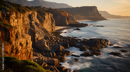 A photo of the rugged coastline, with dramatic cliffs as the background, during the golden hour