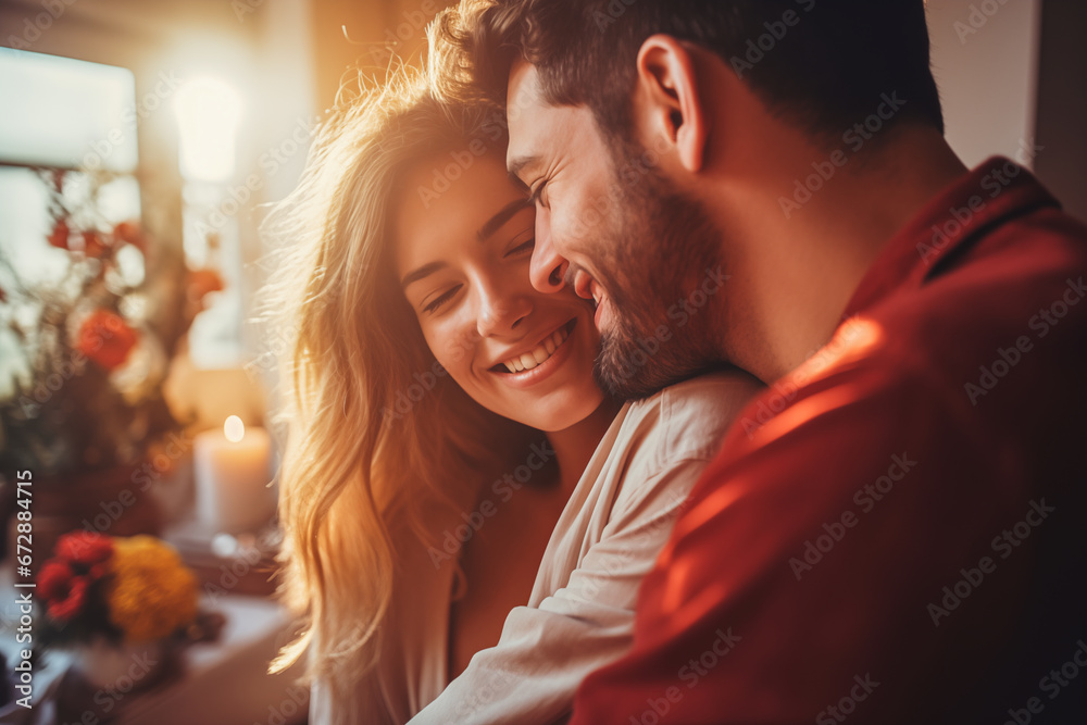 Happy Couple in love hugging at home and celebrating Valentine's Day Happy Couple in love hugging at home and celebrating Valentine's Day