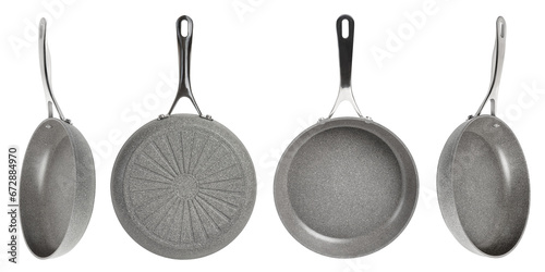 Big set of frying pans with non-stick coating on a white isolated background. New gray frying pans, clipart for inserting into a design or project. Overlay for kitchen theme. Different angle