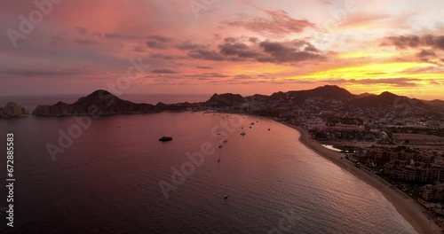 Cabo San Lucas Mexico Fire Sky Orange Red Purple Aerial View Panoramic From Ocean to City Downtown at Dawn