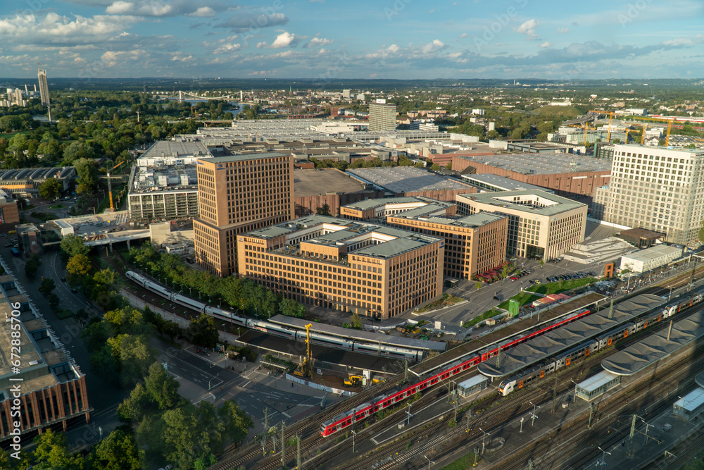 aerial view of Cologne Koelnmesse and railway tracks