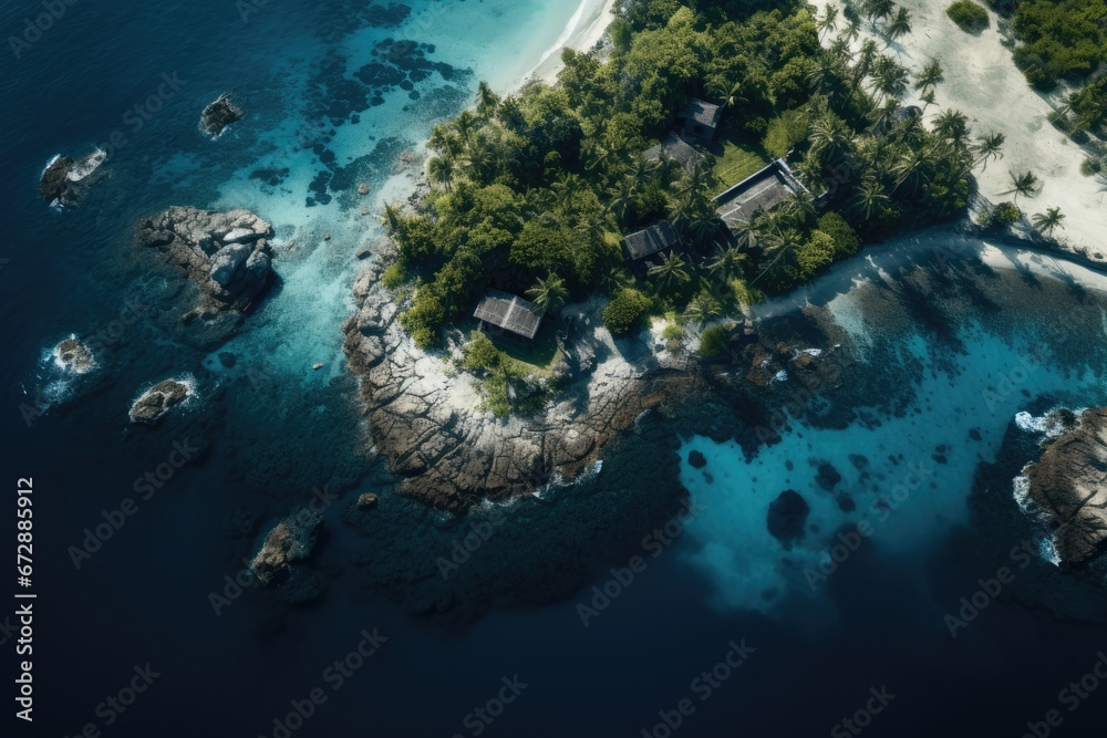 Aerial view of island, shot with drone, Generative AI