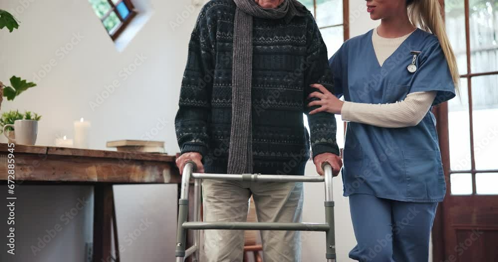 Nurse, senior person and walking frame for home support, healthcare service and hands helping in retirement. ADN doctor, caregiver or woman and elderly patient with disability, mobility and balance