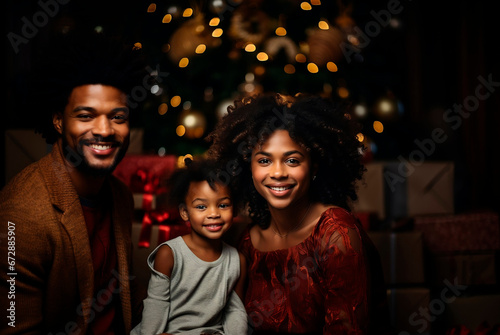African descendant family opens Christmas gifts in front of Christmas tree photo