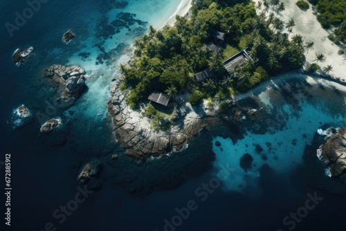 Aerial view of island, shot with drone, Generative AI