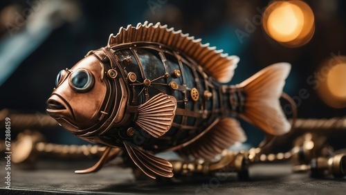  a steampunk A close-up view of a steampunk clown fish, with copper scales, brass fins, 