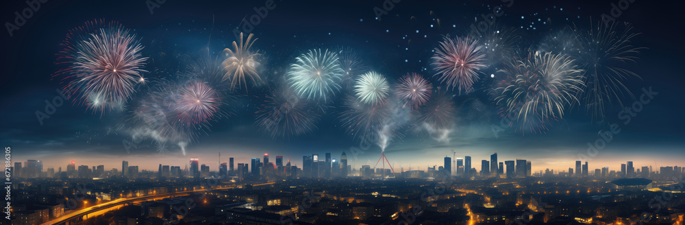 Panoramic view of colorful fireworks over cityscape at night.