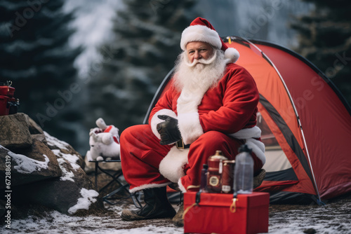 Santa Claus sitting in front of the tent while camping on winter day. AI generative art