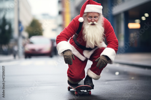 Santa Claus riding skateboard on the street. Ai generative art