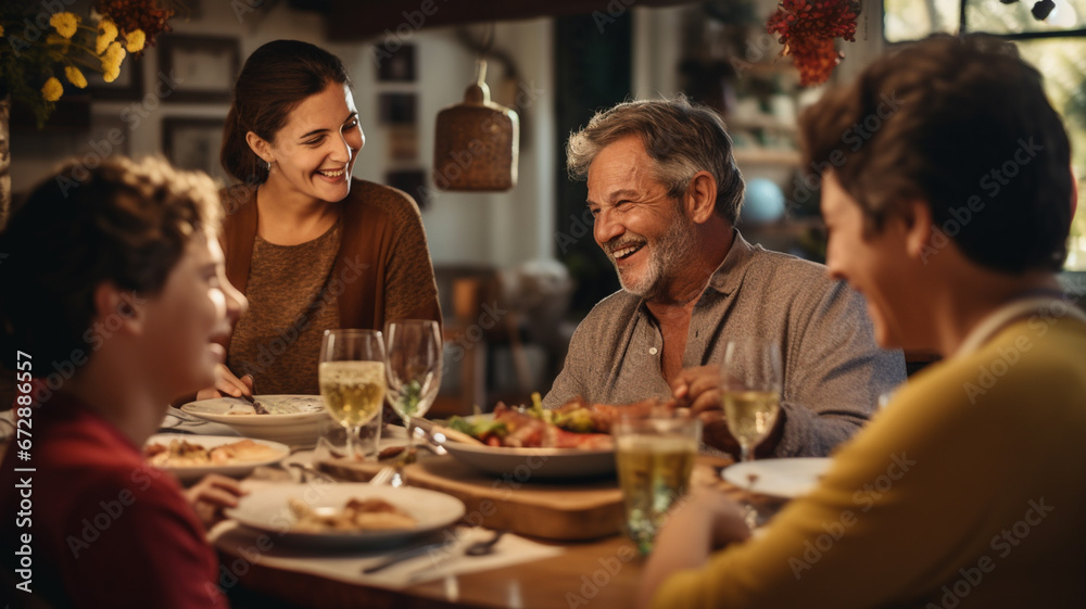 Happy multi generational family eating and laughing at restaurant table Happy multi generational family eating and laughing at restaurant table
