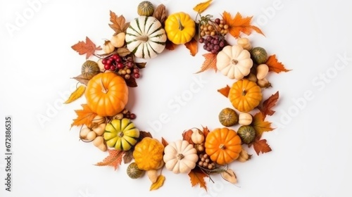 Festive autumn decor from pumpkins, yellow leaves on a white background. Design for Thanksgiving day