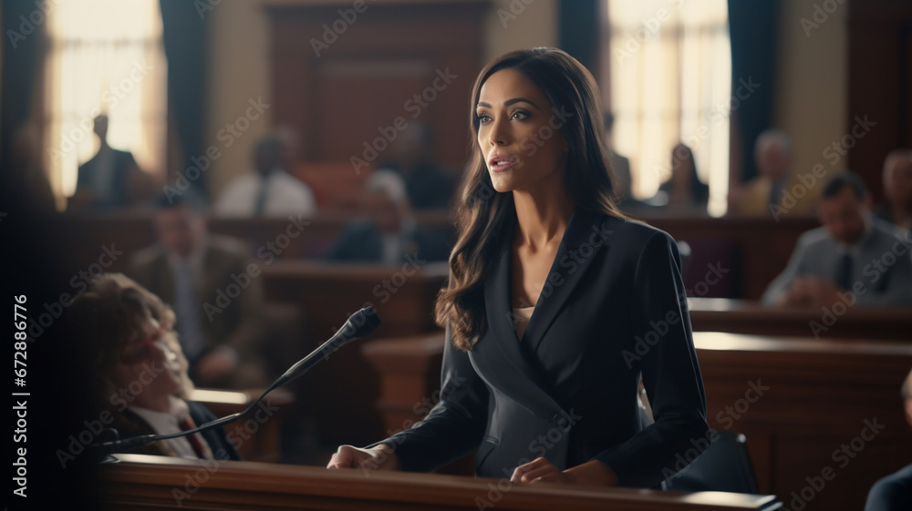 Court of Justice and Law Trial: Female Public Defender Presenting Case, Making Passionate Speech to Judge, Jury. Multiethnic Attorney Lawyer Protecting Client's Innocents with Supportive Evidence - obrazy, fototapety, plakaty 
