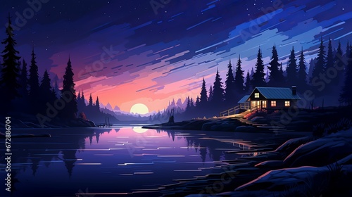 Illustration illustration of a small cabin by the lake at night with a bright view of a clear skyof a litle house. Generative ai