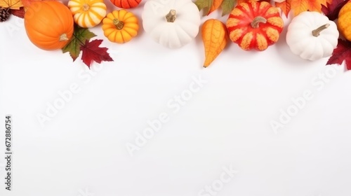 Festive autumn decor from pumpkins  yellow leaves on a white background. Design for Thanksgiving day
