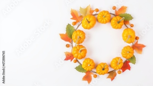 Festive autumn decor from pumpkins  yellow leaves on a white background. Design for Thanksgiving day
