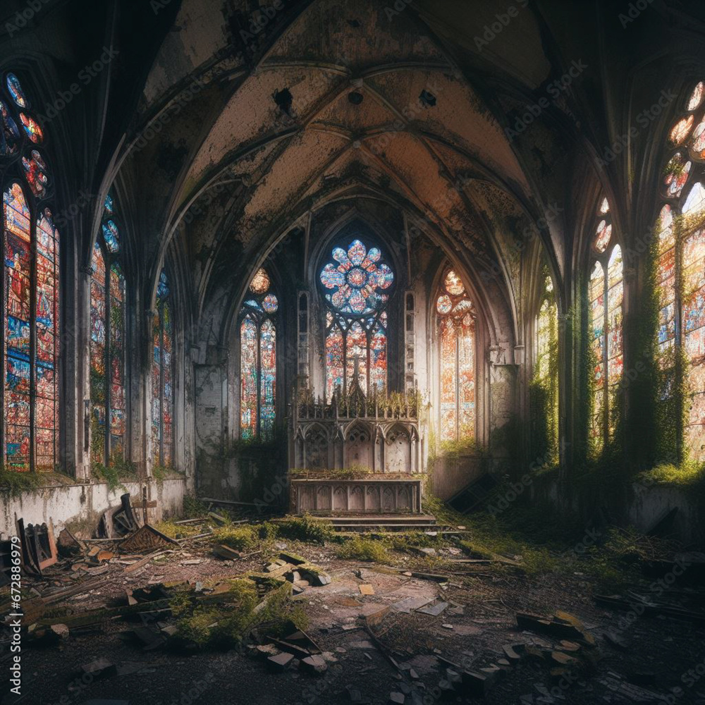 custom made wallpaper toronto digitalAbandoned Gothic church with vegetation and broken glass