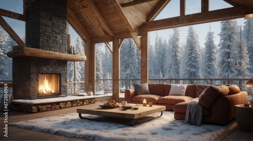 Cozy Modern Cabin Wide Interior  big windows  winter Scene with Crackling Fireplace