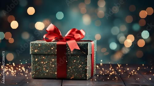Christmas giftbox with bokeh lights background. Generative ai © Hendrikus