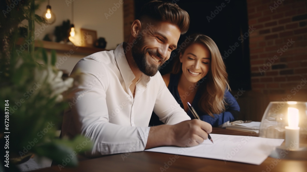 Happy attractive couple signing prenup or home purchase agreement - obrazy, fototapety, plakaty 