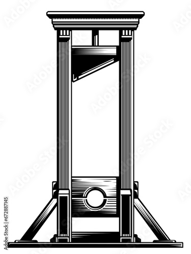Ancient guillotine black and white vector illustration, historical exhibit execution machine, machine for beheading by means of a heavy blade stock vector image