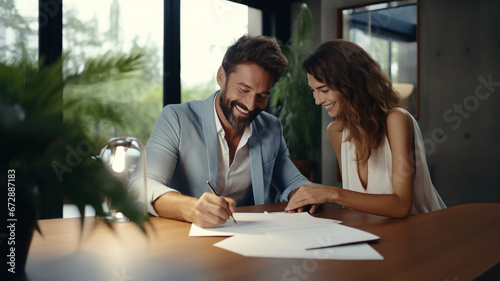 Happy attractive couple signing prenup or home purchase agreement photo