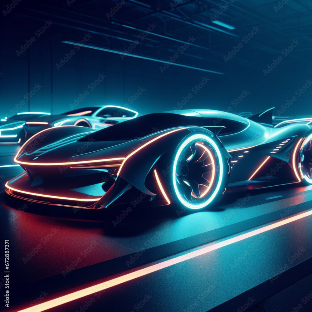 Futuristic sports car on a background of neon lights