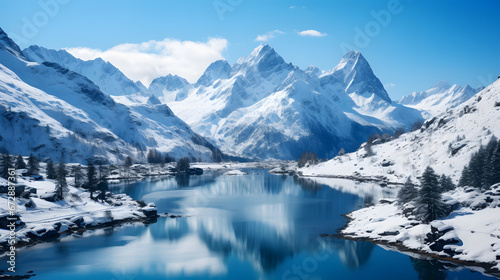 A photo of snow-capped peaks, with pristine alpine lakes as the background, during the winter season © VirtualCreatures