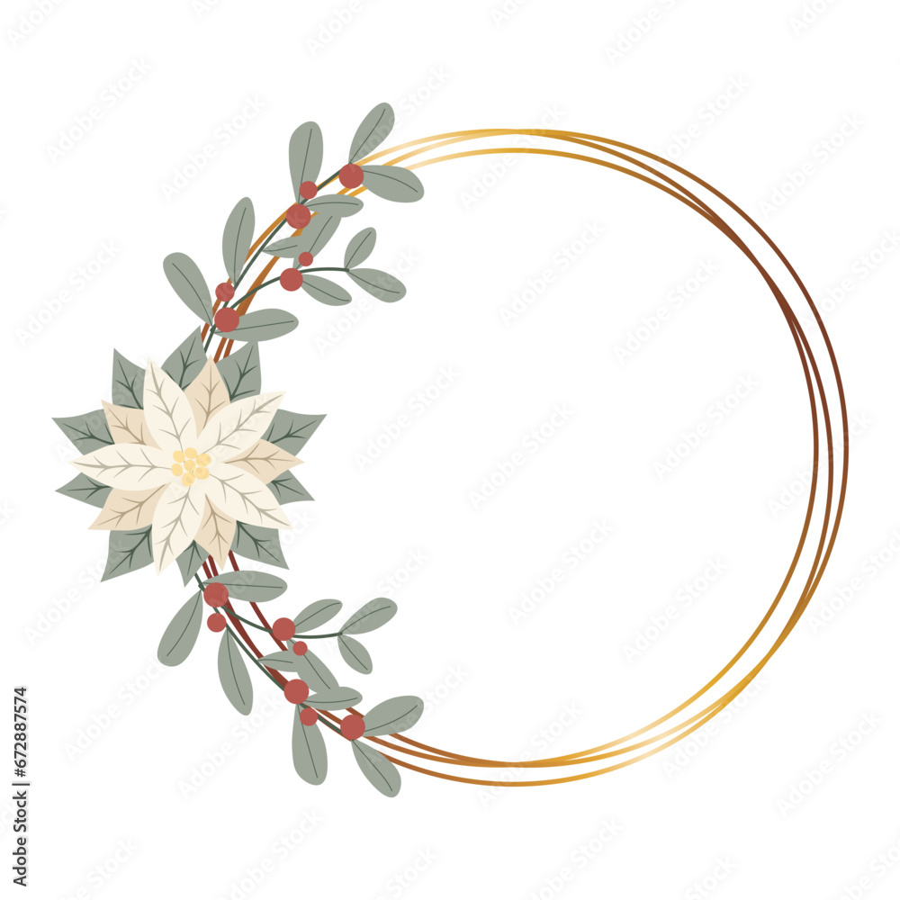Naklejka premium Christmas gold frame with white poinsettia flower.Design for New Year and Christmas cards, scrapbooking, stickers, planner, invitations