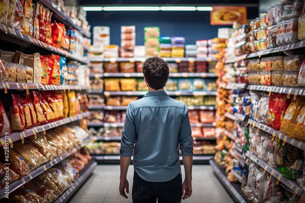 Man exploring gluten-free aisle in a grocery store, showcasing a wide range of available options,