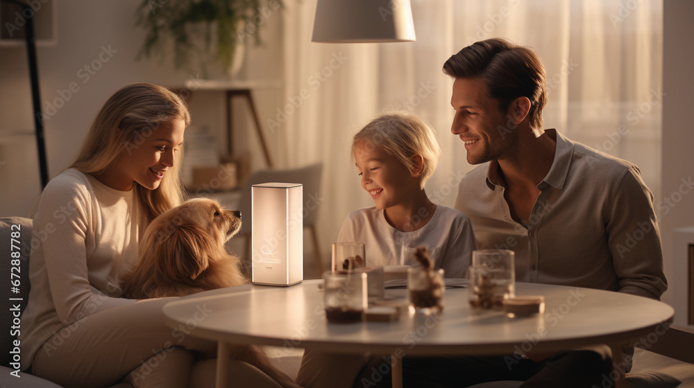 Happy family with a dog and children enjoys a new bought air purifier Happy family with a dog and children enjoys a new bought air purifier