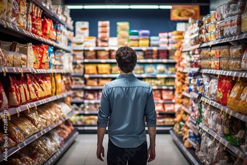 Man exploring gluten-free aisle in a grocery store, showcasing a wide range of available options,