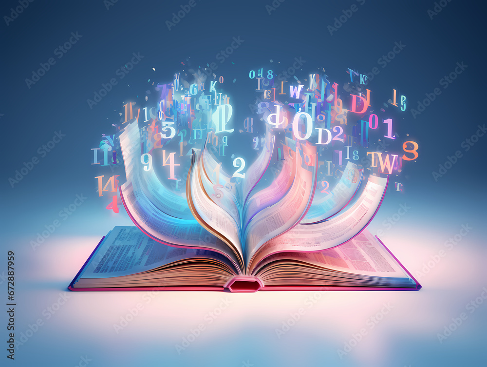 
3d rendering of an open book from which numbers emerge in the style of numerology, a combination of blue and pink colors - obrazy, fototapety, plakaty 