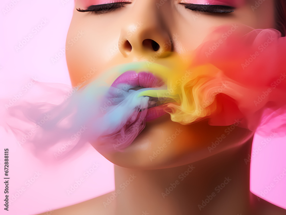 Makeup woman with pink lips and smoke - obrazy, fototapety, plakaty 