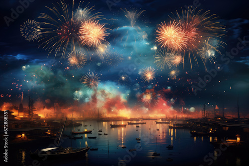 Colorful fireworks over the sea and boats in the harbour at night
